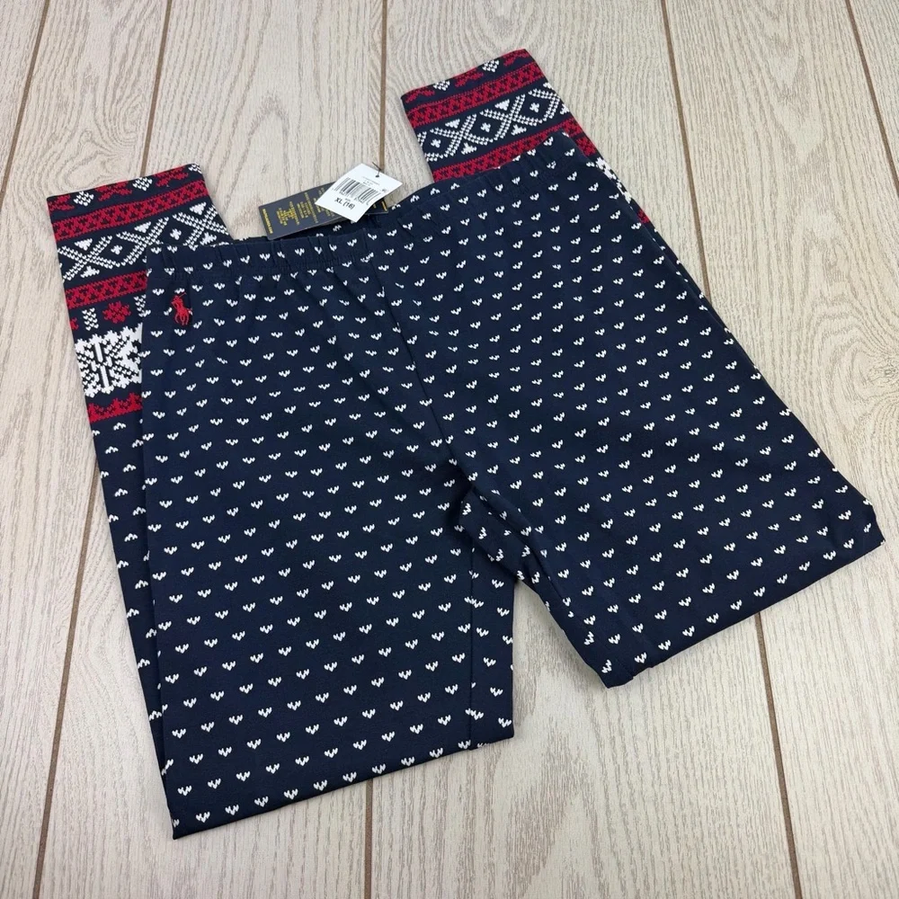 Polo Ralph Lauren Girls Fair Isle Stretch Jersey Legging XL 16 Navy & Red $40